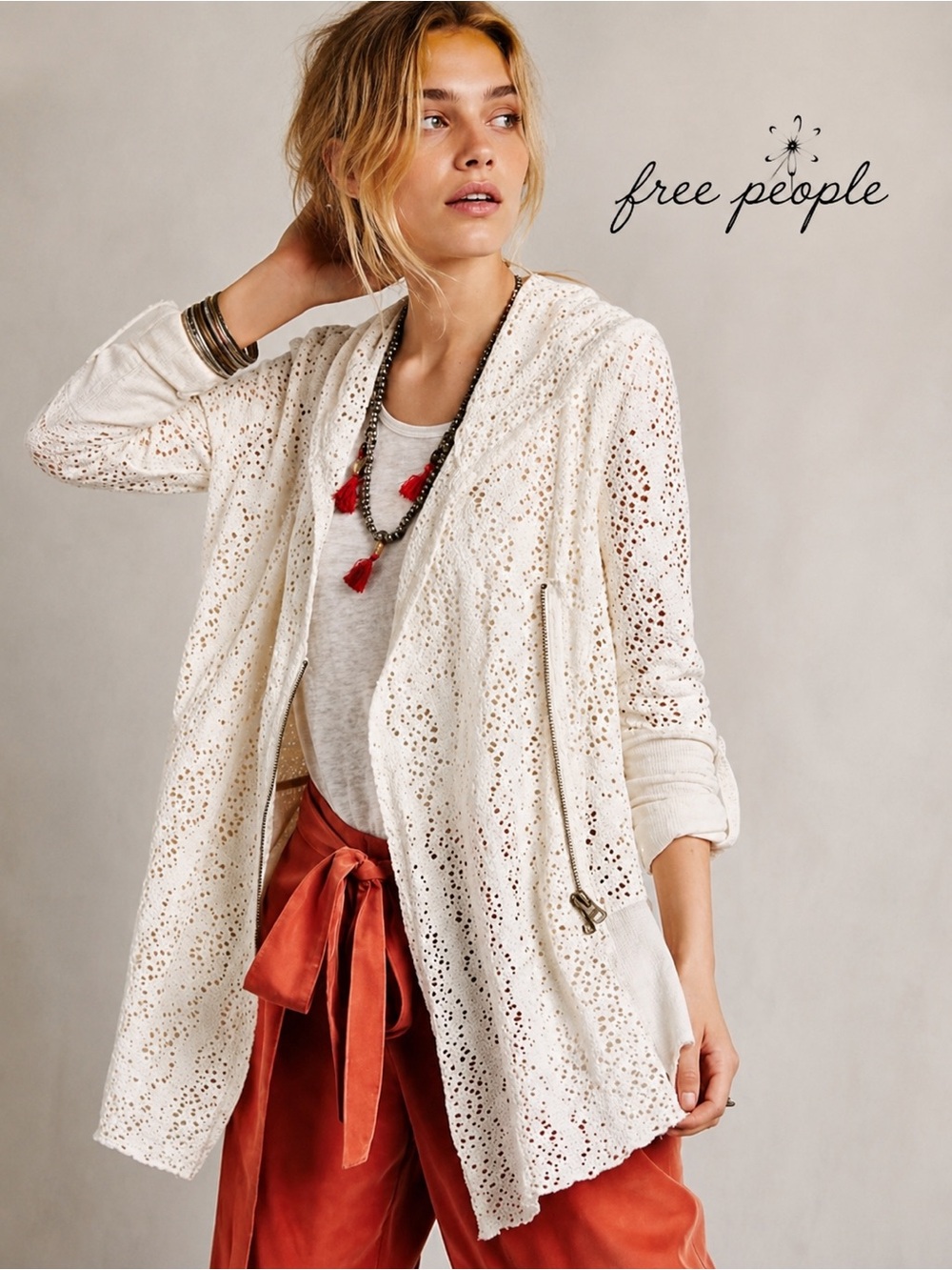 Free People Doily Cardigan Jacket Open Knit Tunic Asymmetric Zip Hood L Boho A6